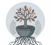 Tree growing in singing bowl with sound waves and roots